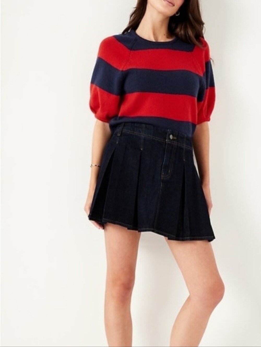 Old Navy Rugby Stripe Sweater Short Puff Sleeve Navy Blue Red Medium NEW NWT - Picture 2 of 15